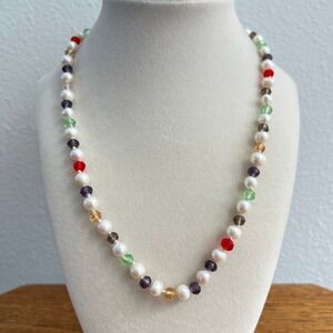 Freshwater Pearl Crystal Necklace Multicolor Faceted Glass Beads Colorful 18"